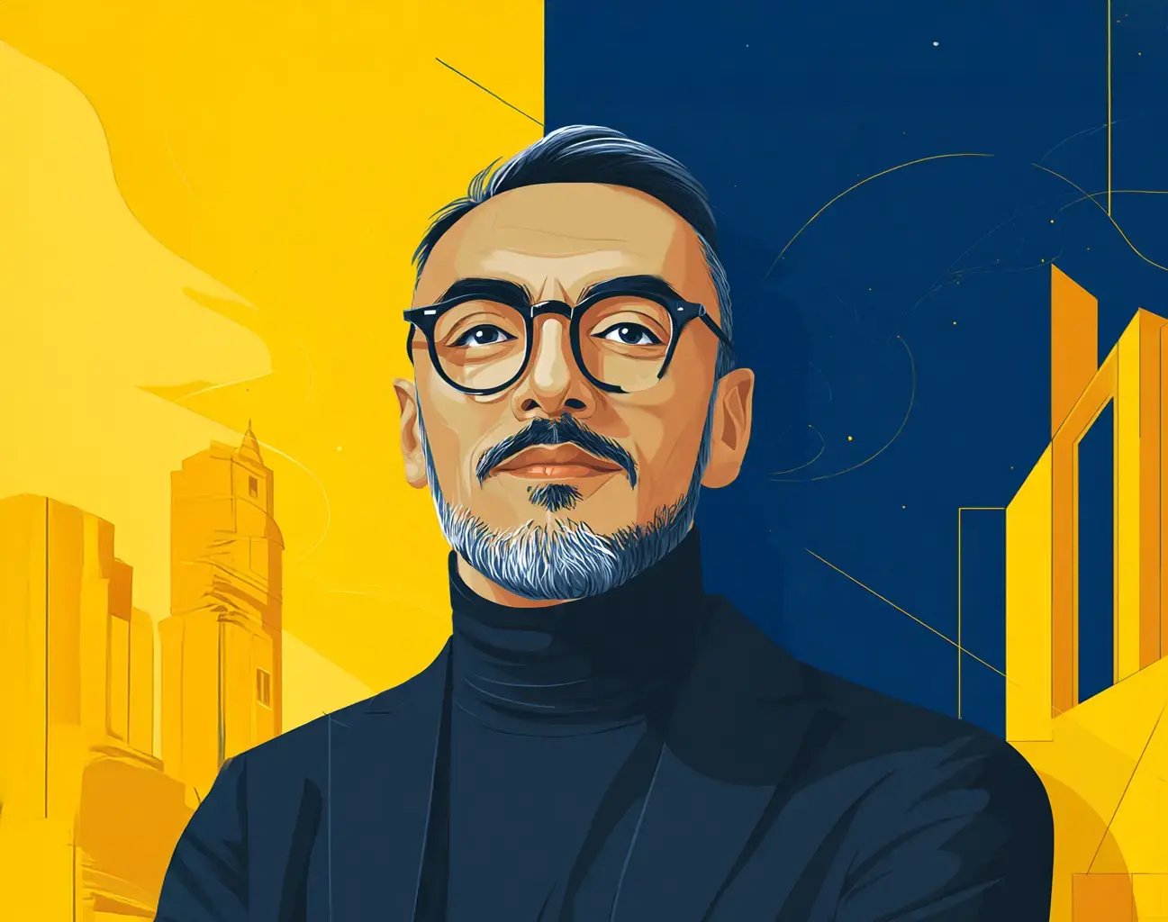 Vector portrait of a middle-aged man with glasses and gray beard against a yellow and blue cityscape background.
