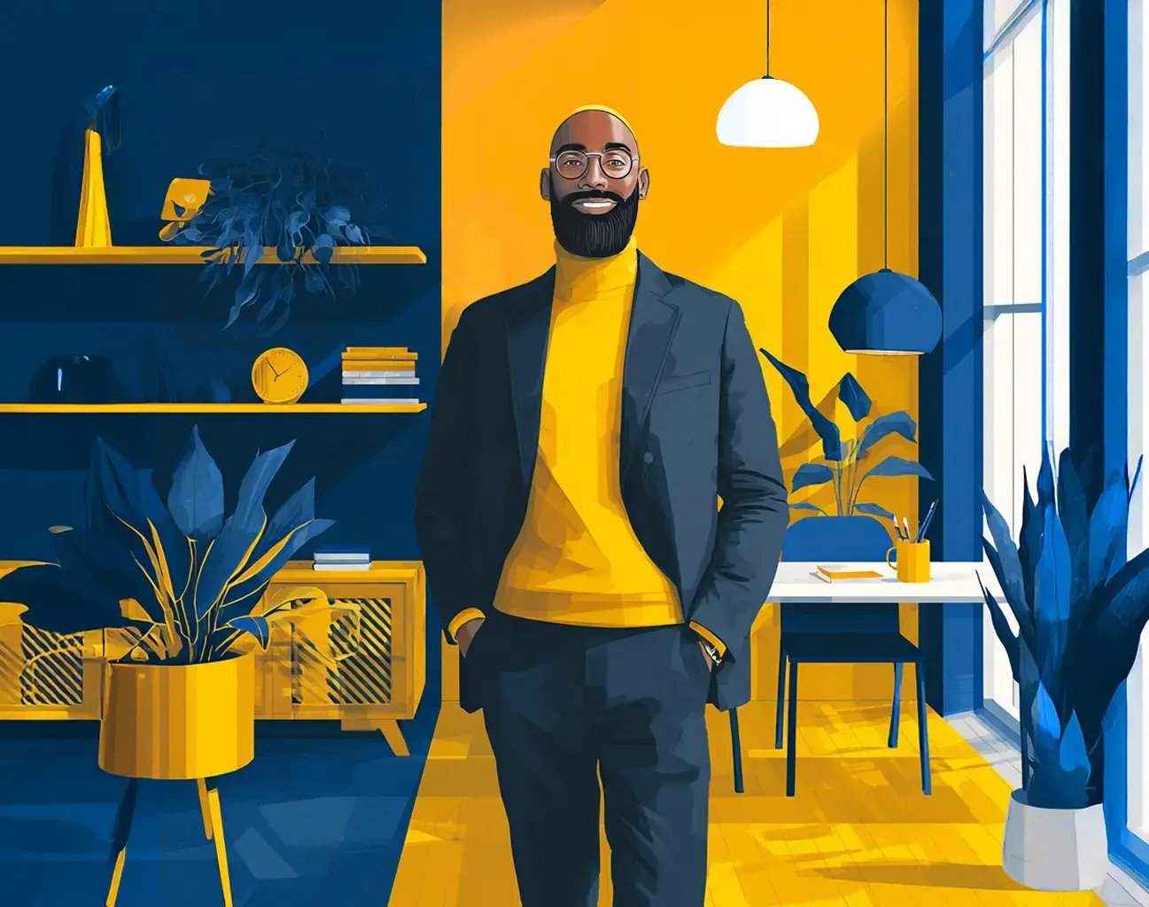 Illustrated Black man in yellow turtleneck and blazer stands confidently in a modern office with blue and yellow decor.