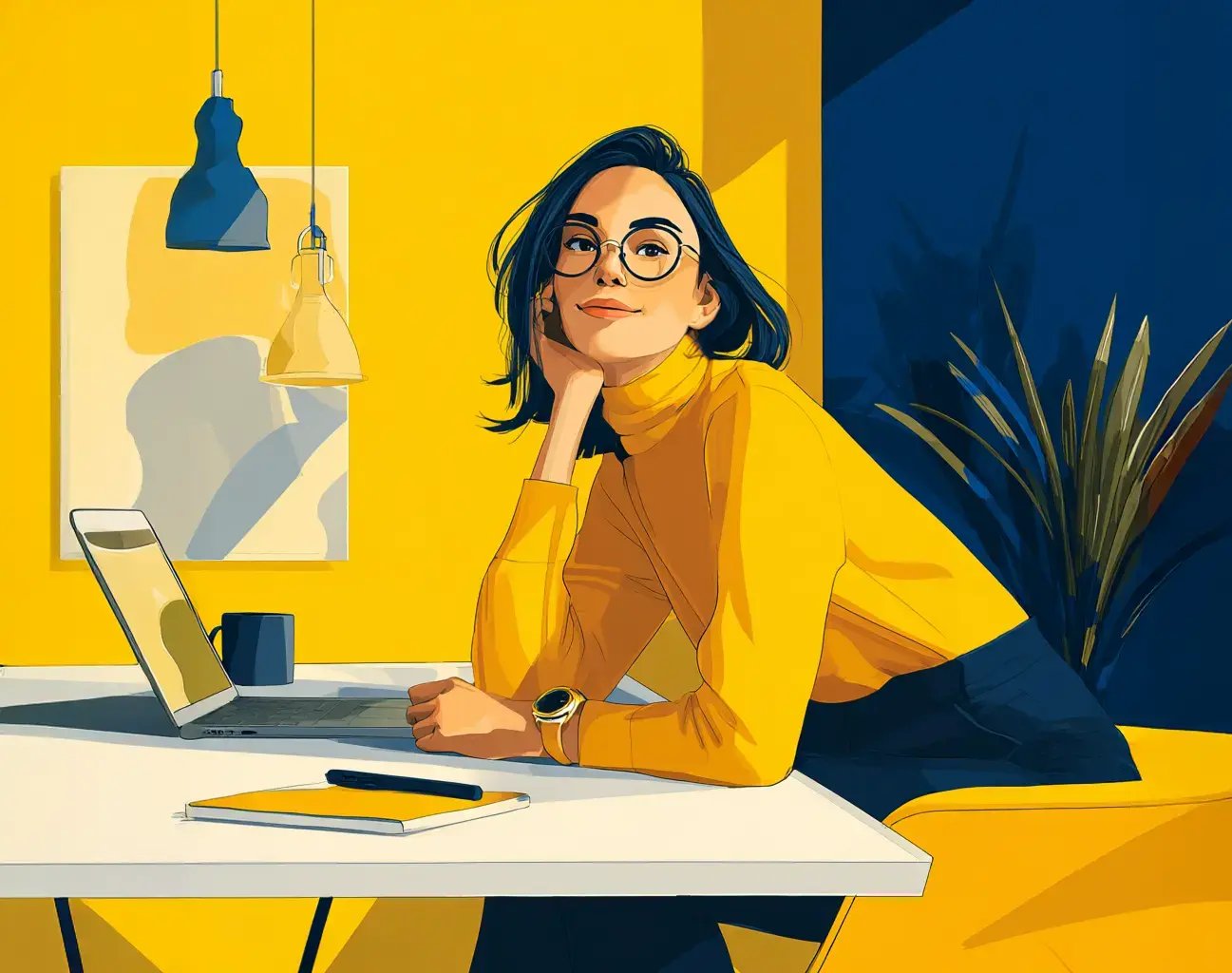 Illustrated woman in yellow turtleneck sits thoughtfully at a desk with a laptop in a yellow and blue office.