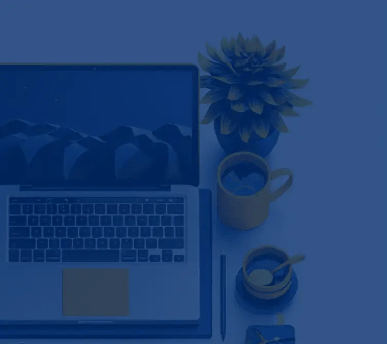Top view illustration of a laptop on a desk alongside a potted plant, coffee mug, and notebook, creating a calm workspace setting. The scene is in muted blue tones, giving a minimalist and organized appearance