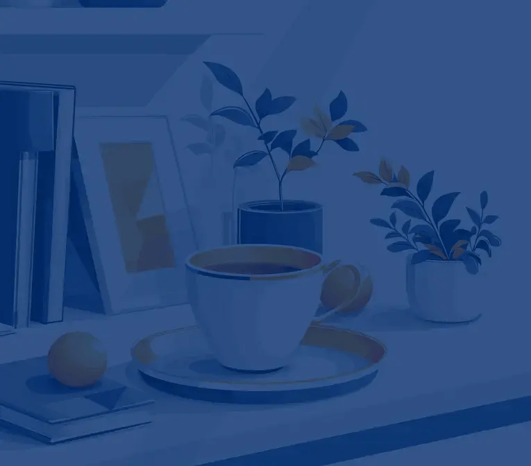 Illustration of a cozy desk setup with a cup of coffee on a saucer, surrounded by small potted plants, books, and framed artwork. The soft blue tones create a peaceful, minimalist atmosphere.