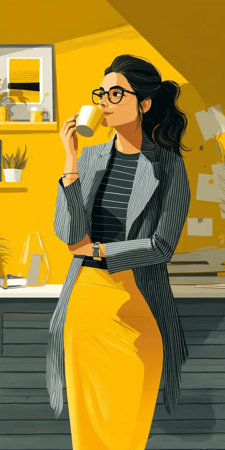 A woman dressed in a business casual style drinking from a cup near a desk