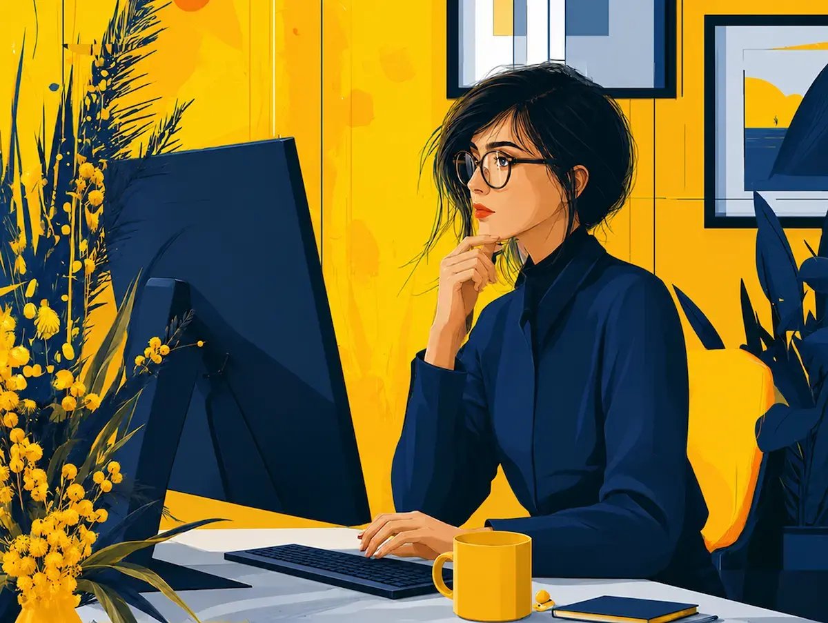 The image depicts a person sitting at a desk with a computer monitor, surrounded by vibrant yellow flowers in a vase