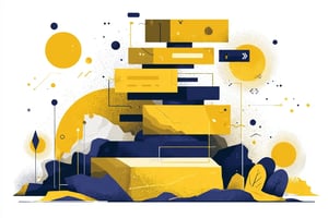 stylized abstract illustration featuring geometric shapes and bright colors.