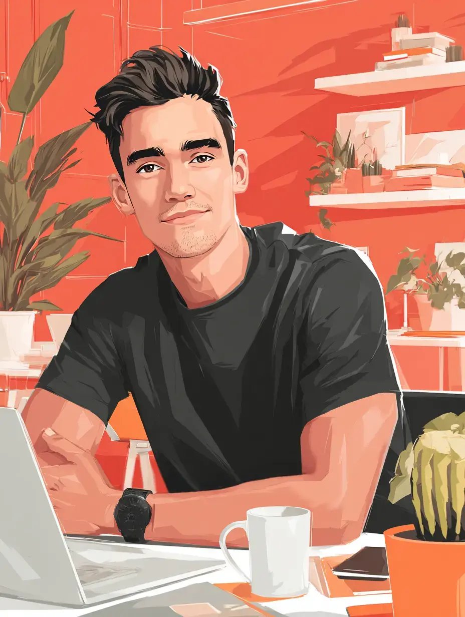 a man sitting at a desk with a laptop open in front of him. He is wearing a black shirt and has short dark hair.