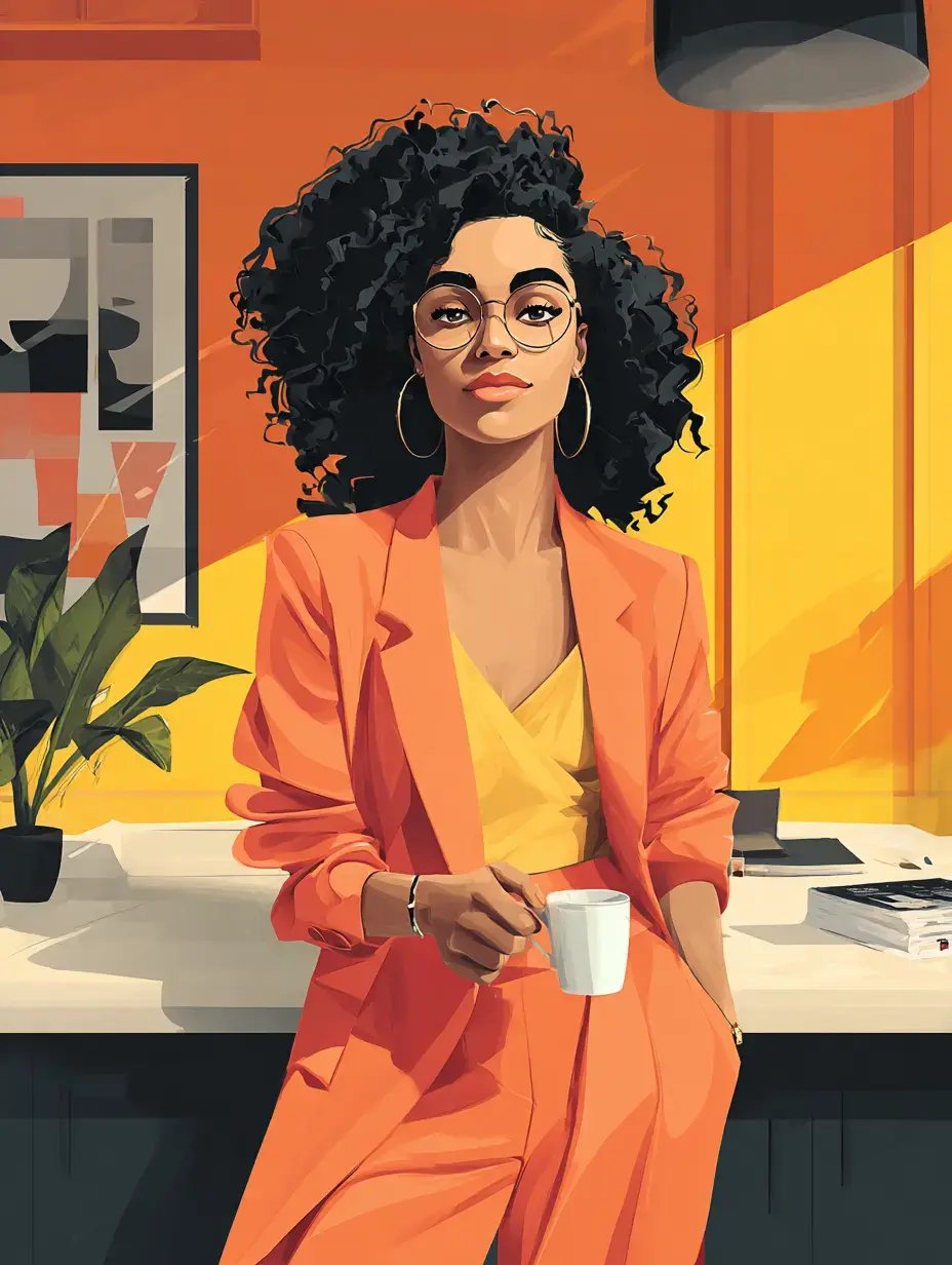 woman with curly hair, wearing glasses and a bright orange suit holding a white cup