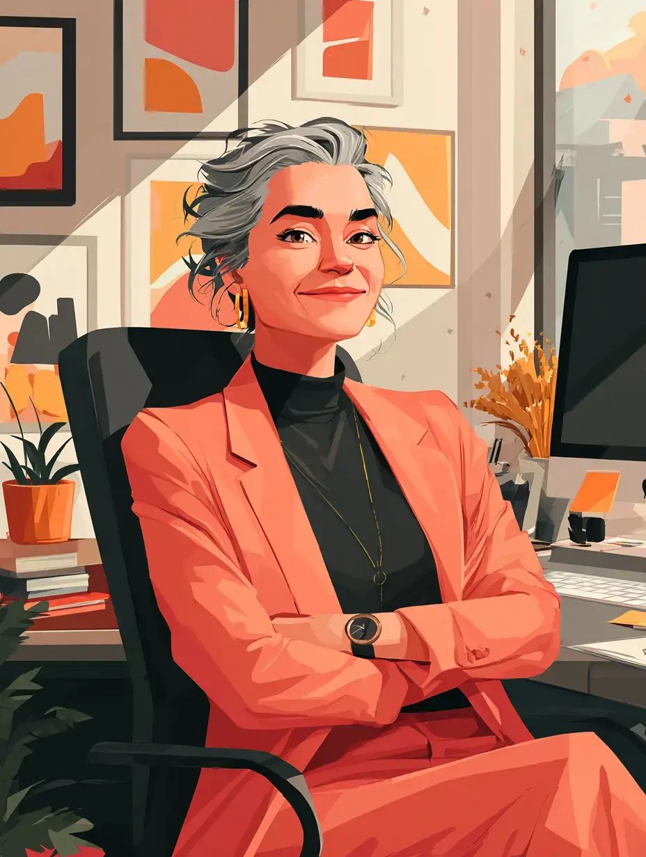 woman with gray hair, wearing a salmon colored blazer and a black turtleneck.