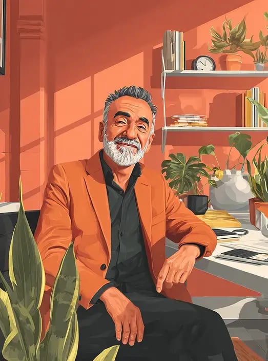 A man sitting on a chair in an indoor room with orange walls. He has a white beard and is wearing a black outfit with an orange jacket.