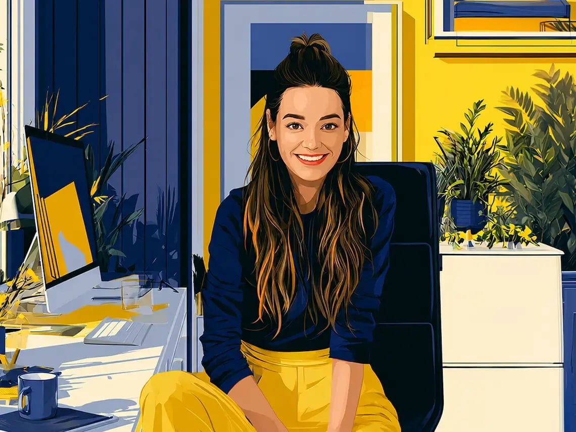 A person is sitting in a modern office chair in a room with a yellow wall and blue accents.