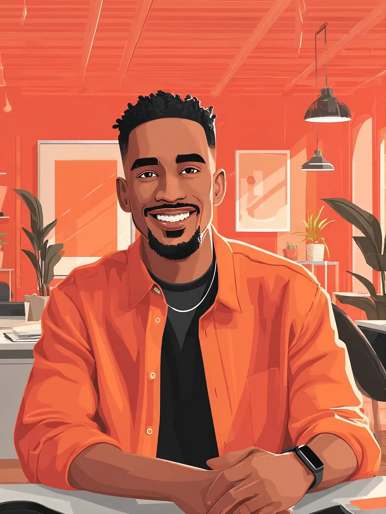 young man with a beard, wearing a bright orange shirt and a dark t-shirt underneath, sitting at a desk with his hands clasped together