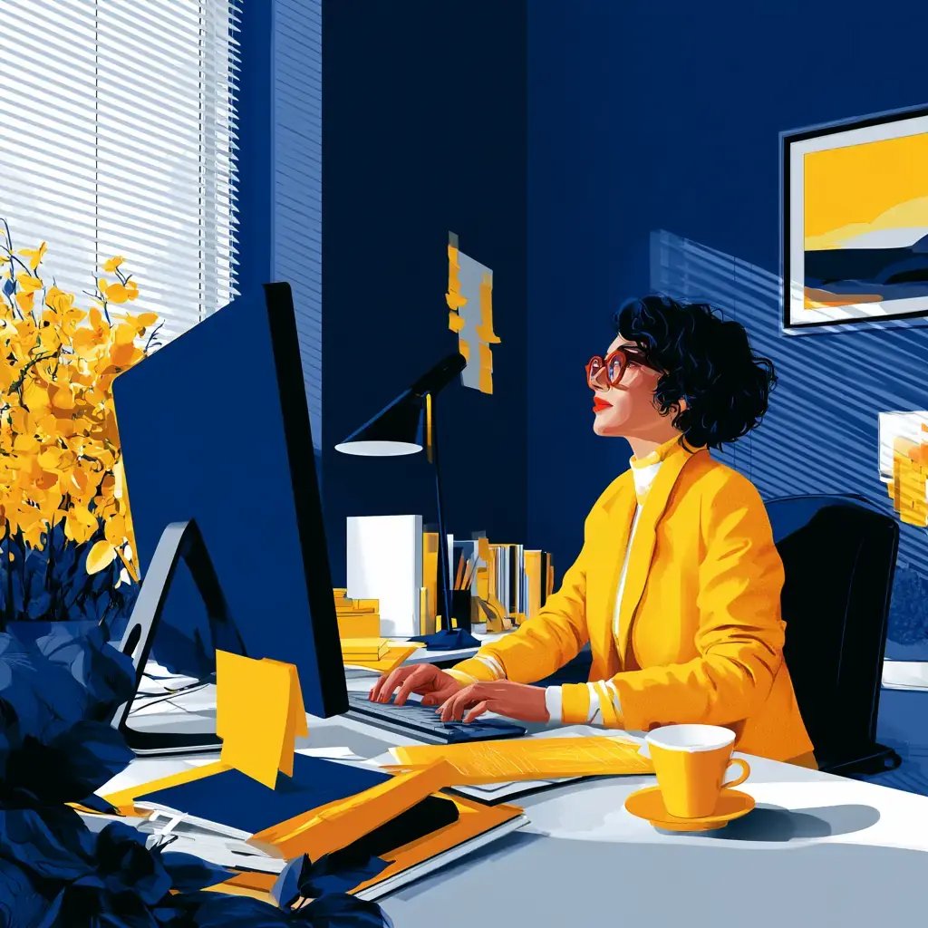 Illustration of a woman in a yellow blazer typing at a computer in a blue office