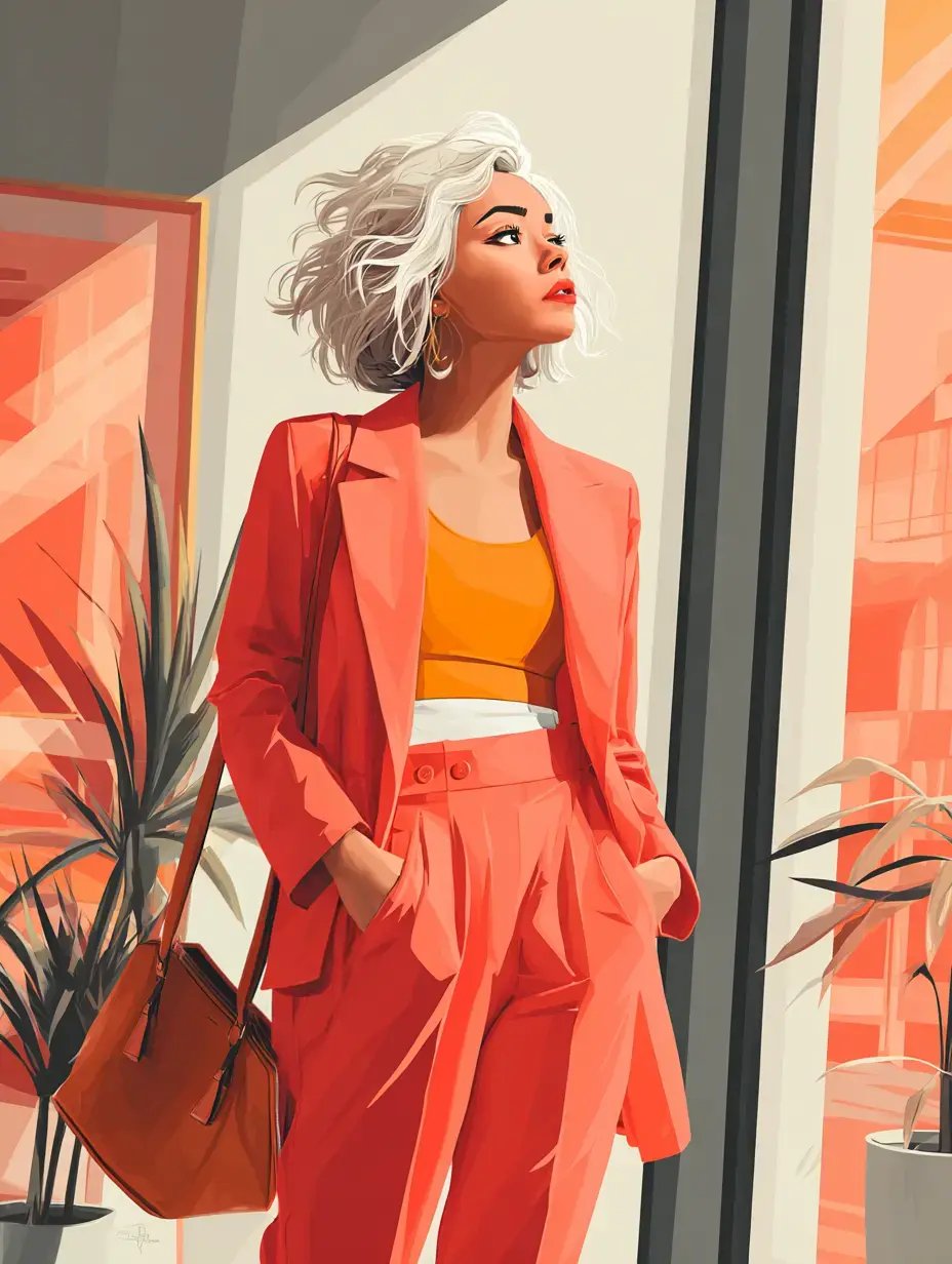 a woman standing indoors. She is wearing a bright orange suit with a matching blazer, and a mustard yellow top underneath. She has short white hair.