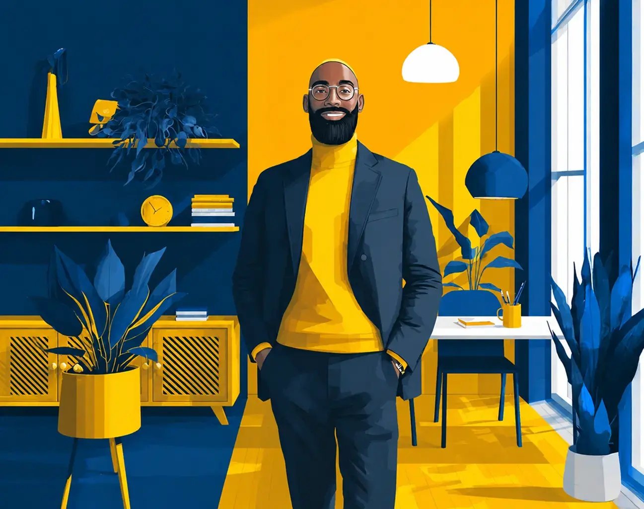 The image depicts an interior room with a modern design, featuring a man standing in the center.