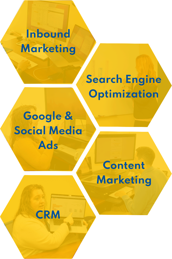 image that says with text overlaid that says, "inbound marketing, search engine optimization, Google & social media ads, content marketing, CRM"