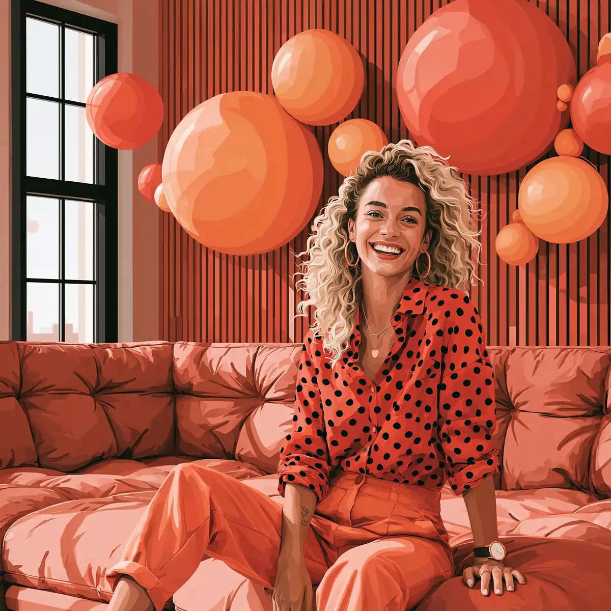 vibrant illustration featuring an interior scene with a person sitting on a couch. The person is wearing a red shirt with black spots and orange pants.
