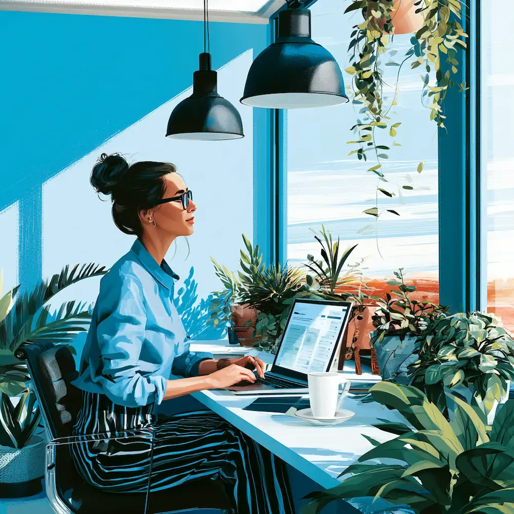 Working in an aesthetic blue office with a large window