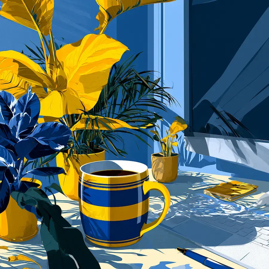 The image displays a cozy indoor setting with a large yellow and blue striped mug filled with coffee placed on a tiled counter