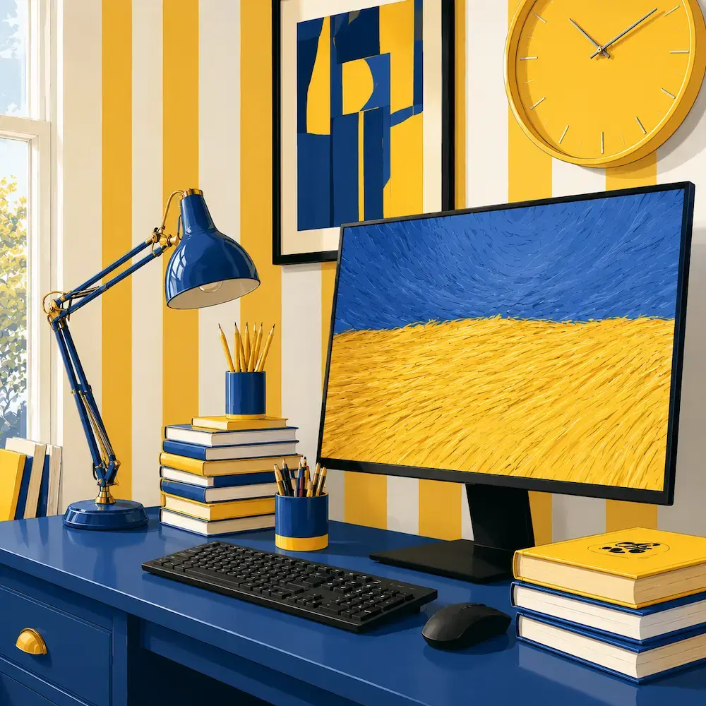 A modern office in a blue and yellow color scheme