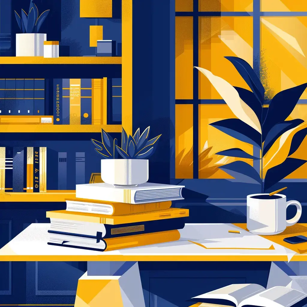 a desk with a stack of books, an open book, and a white mug