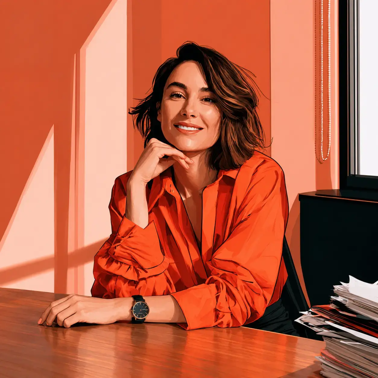 A person is sitting at a desk with a stack of papers in front of them, wearing a red shirt and a watch.