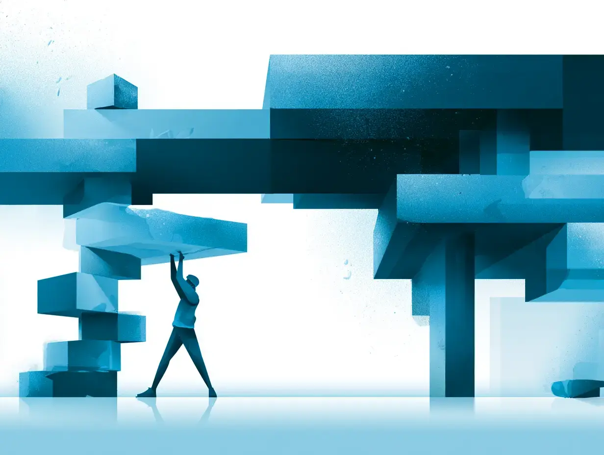 floating blue blocks and transparent pillars, creating an abstract and surreal environment