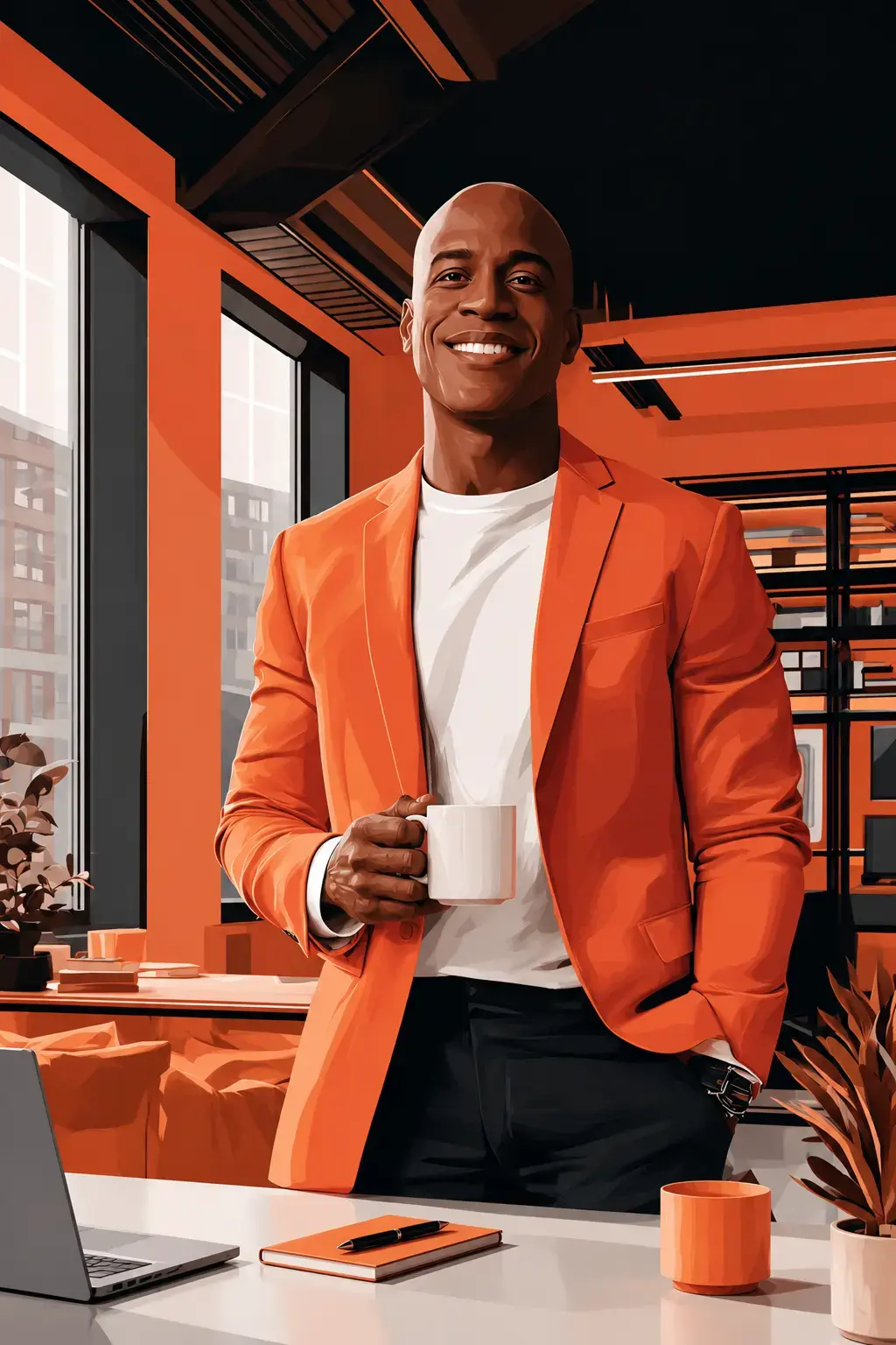 a person standing in a modern office environment. The individual is wearing a bright orange blazer, a white shirt, and dark pants