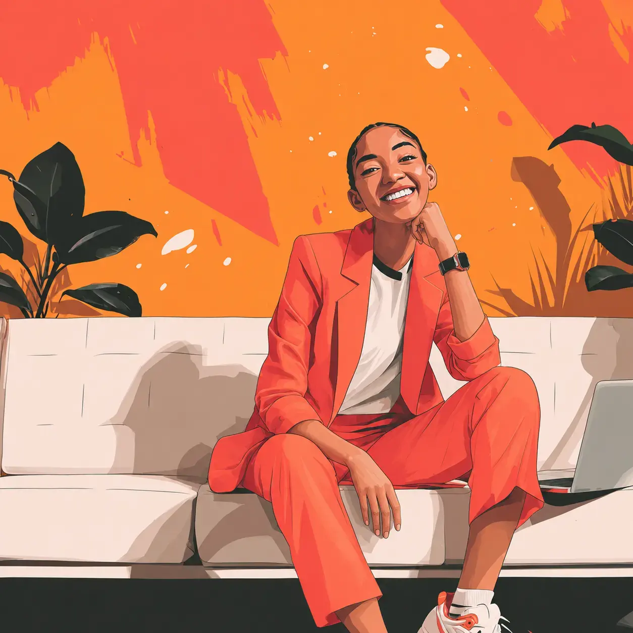 a person in a vibrant, surreal setting. The individual is wearing a burnt orange suit with white shirt, seated on a white sofa