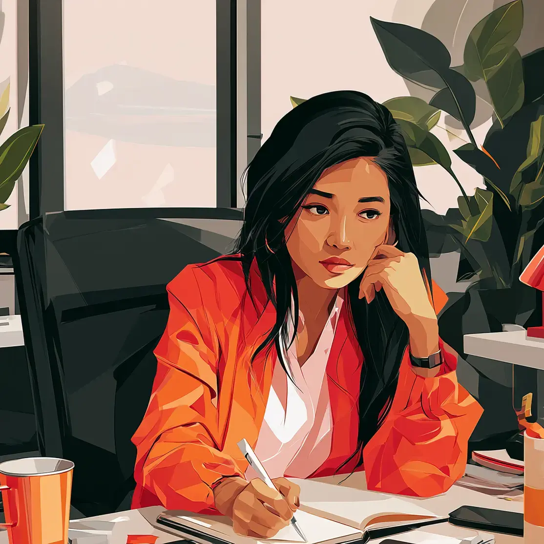 woman sitting at a desk engrossed in writing or studying in a room with large windows