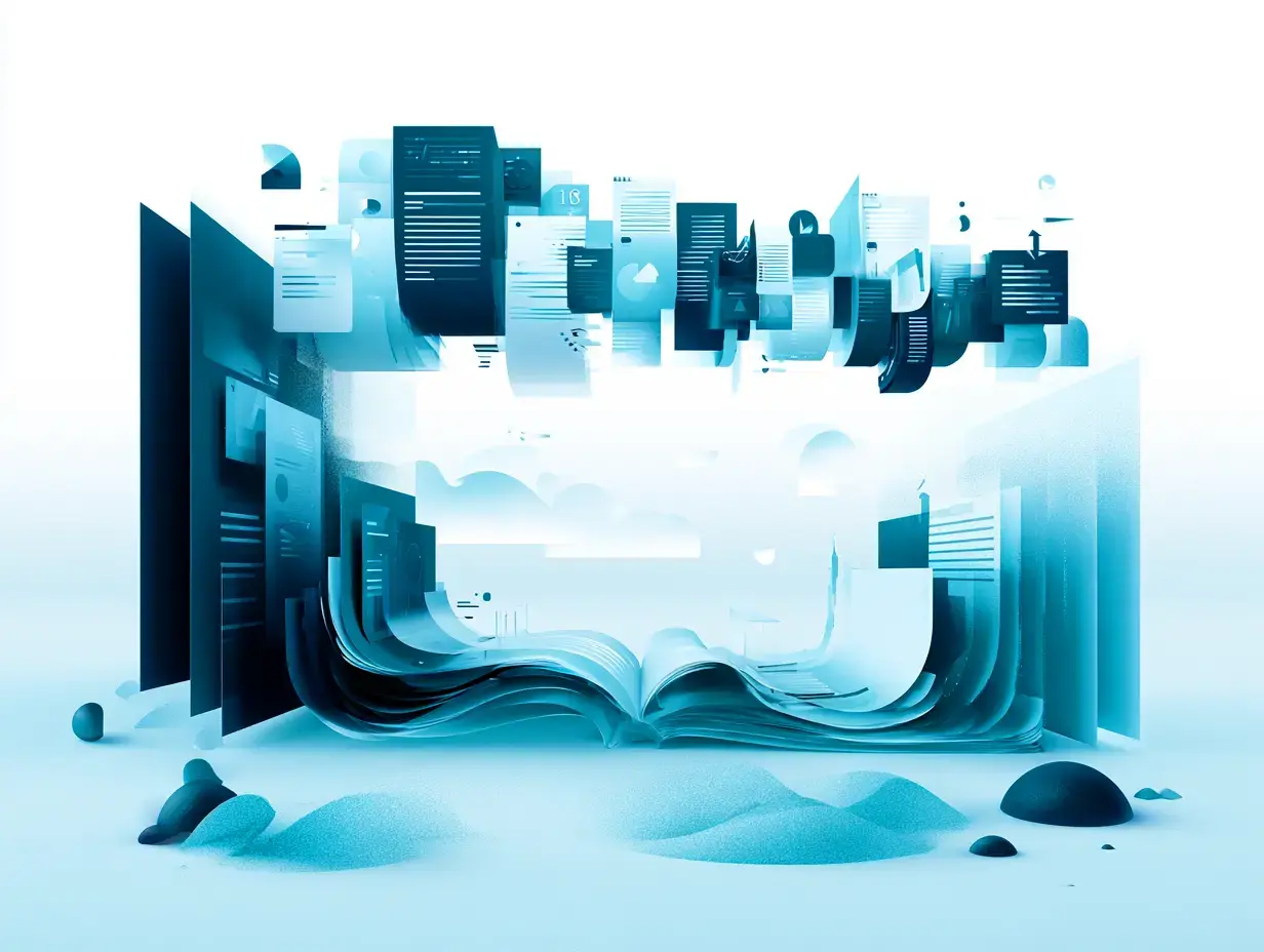 digitally rendered scene with a surreal, abstract cityscape. It features floating buildings, a book, and scattered debris