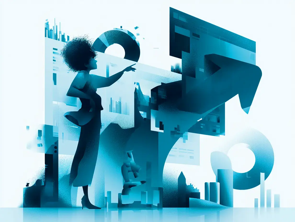 surreal scene where a person with an afro hairstyle is interacting with large, floating digital numbers and graphs