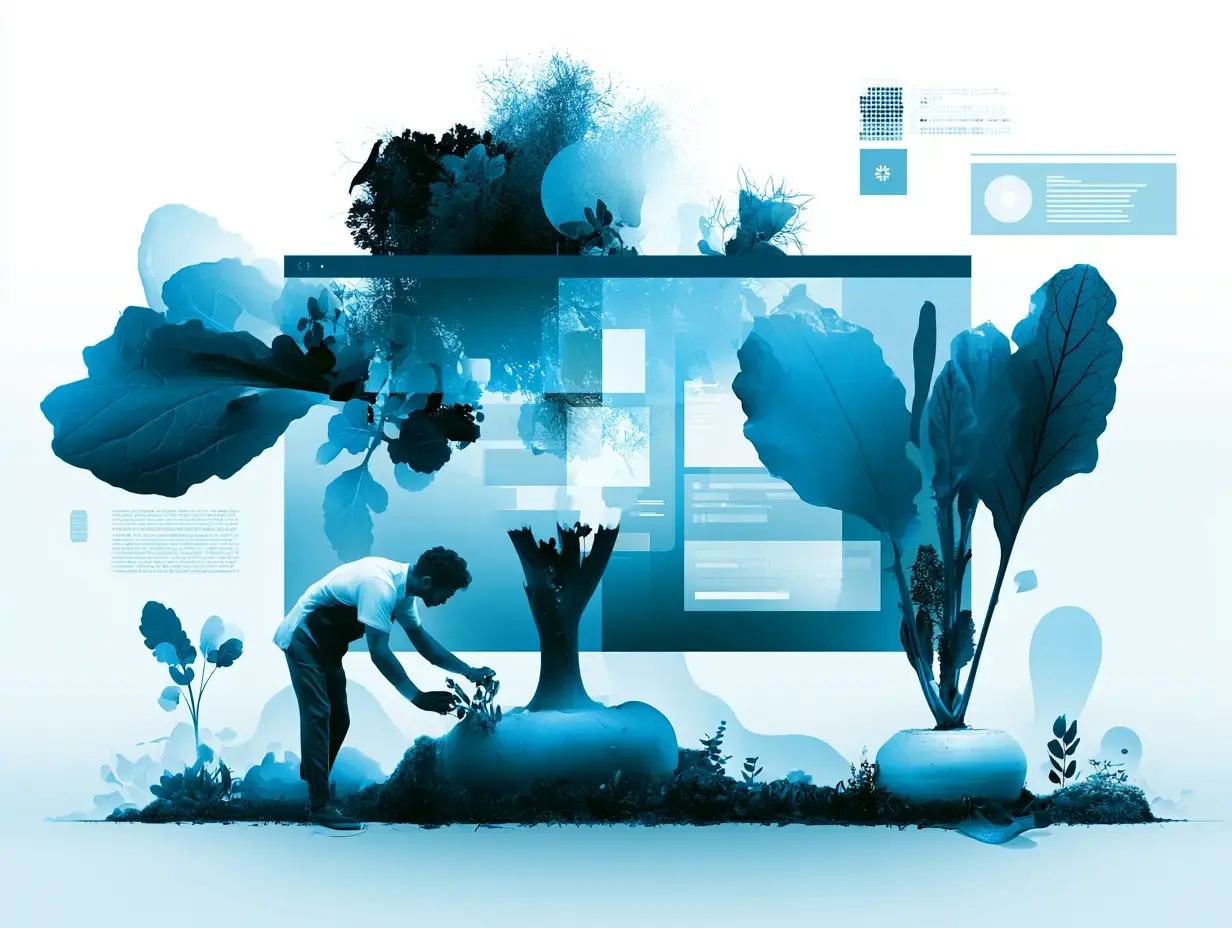 digital composition that features a central figure in a gardening pose, surrounded by botanical illustrations of plants and foliage in a monochromatic blue palette