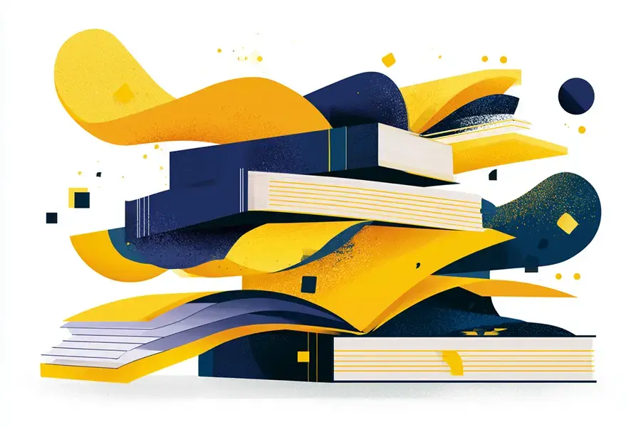 an abstract artwork featuring stylized, geometric shapes and forms that resemble books or stacks of books.