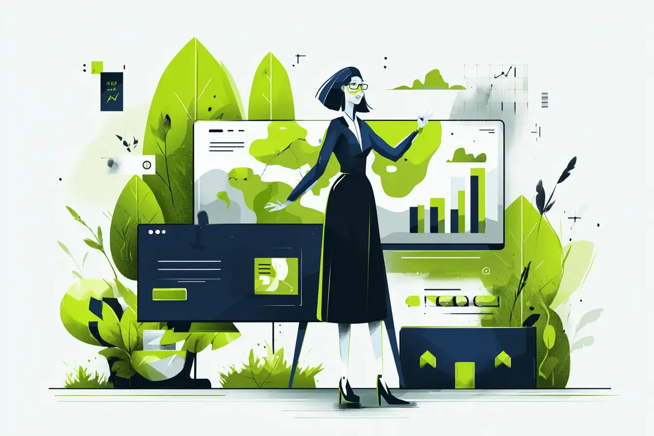 illustration of a person standing in front of several computer screens displaying various graphs, charts, and a web layout