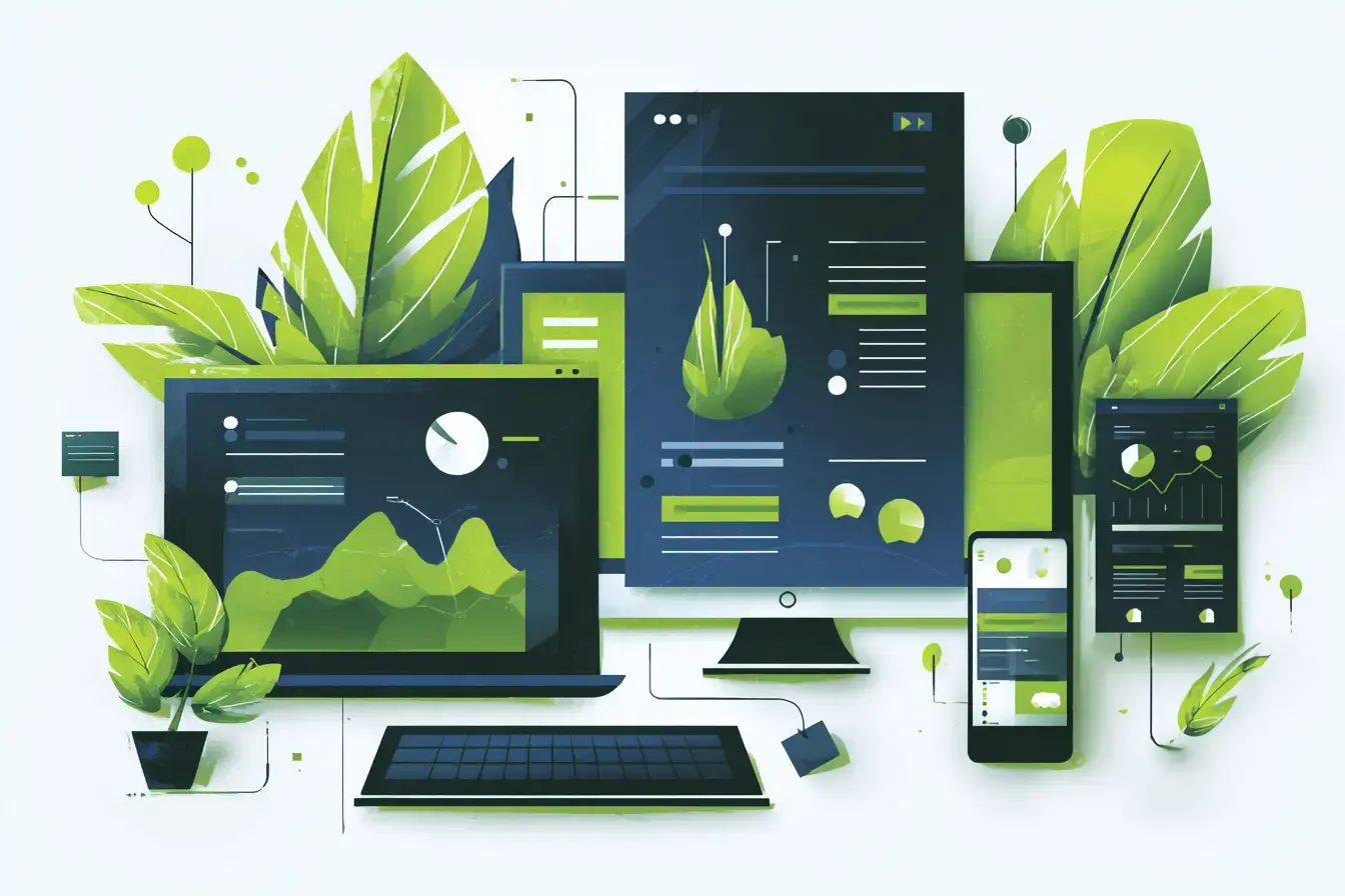 stylized illustration of various electronic devices and plants arranged on a white background