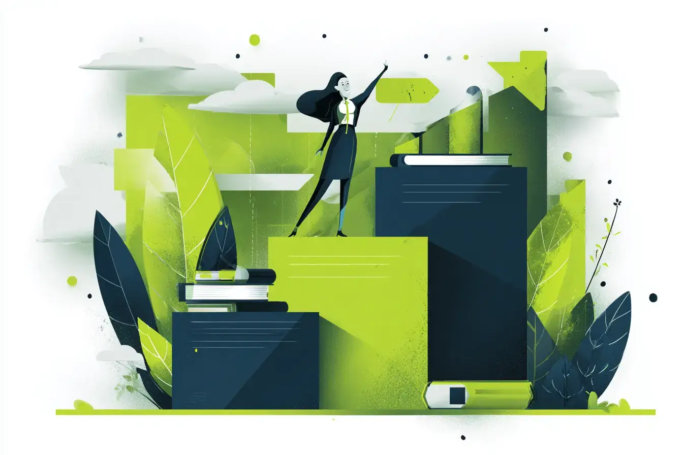 stylized illustration of a person standing triumphantly atop a tall block, with their arms raised in victory
