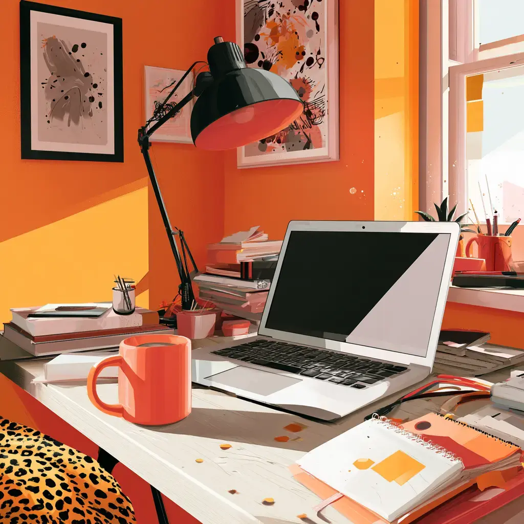 a desk with a laptop, a desk lamp, a mug, books, and various other office supplies, set against a background with orange walls and artwork.