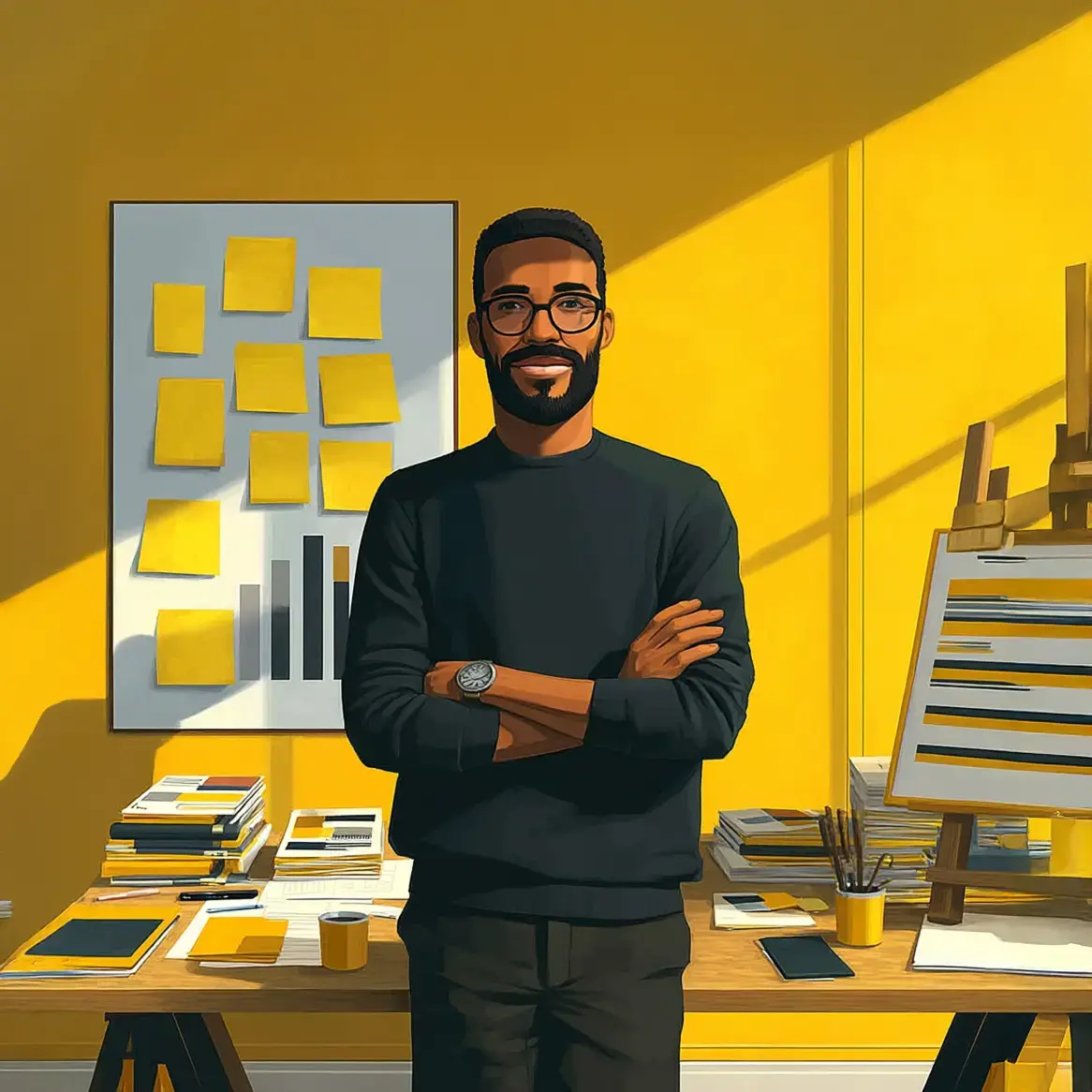 man standing in a room with yellow walls. He is wearing a black sweater, black pants, and a watch on his left wrist.