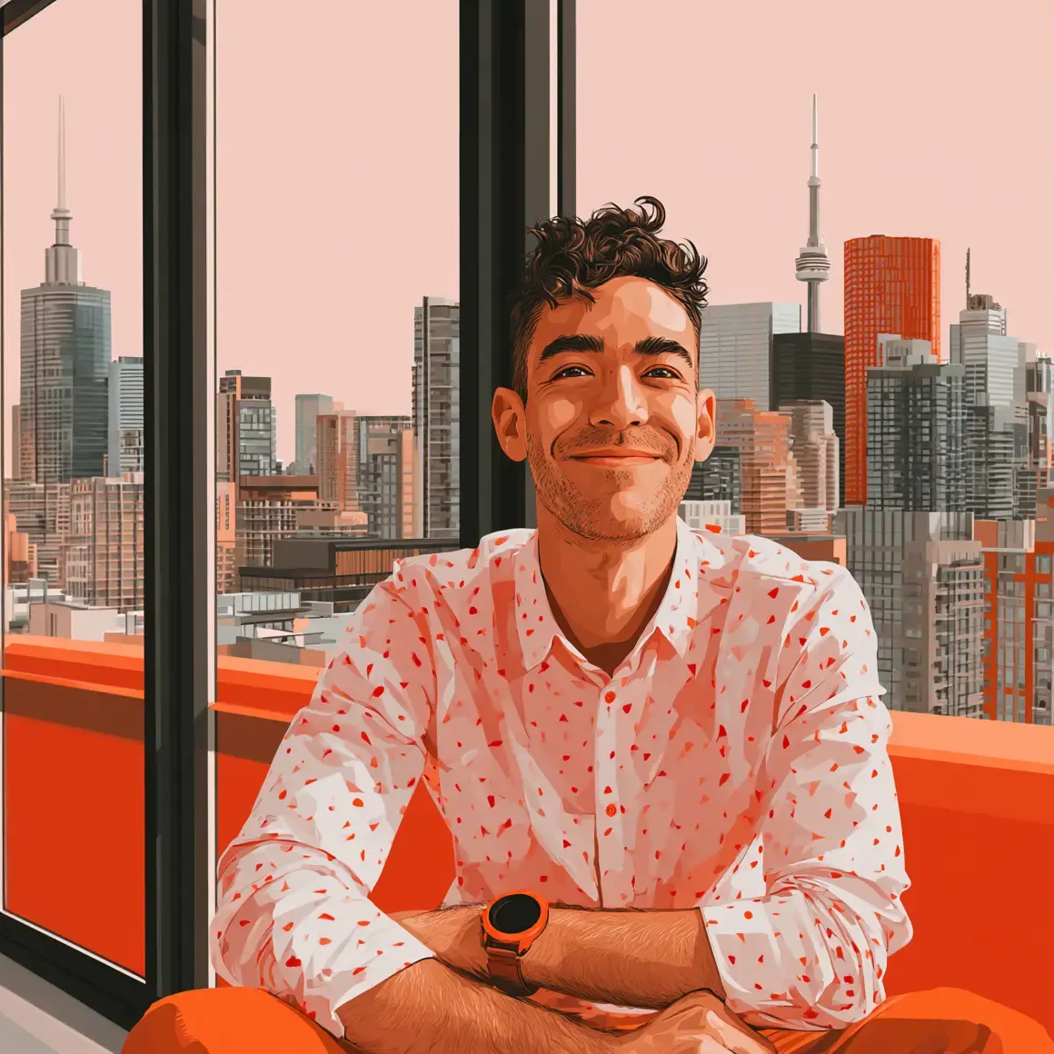 a person sitting in front of a large window with a view of a city skyline.