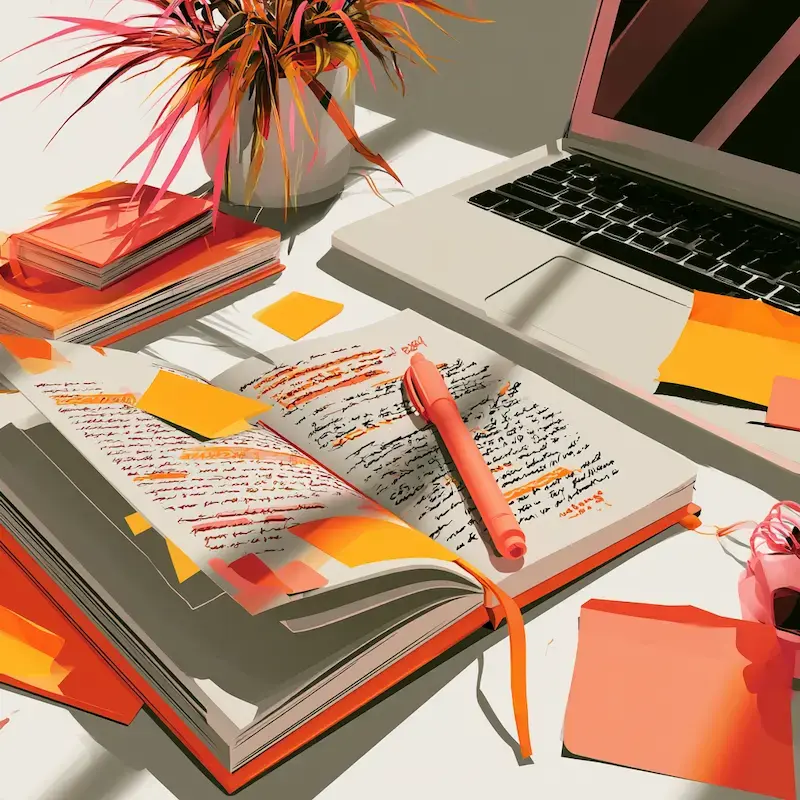 a study scene with an open laptop on a desk, a book with a pink ribbon tied around its pages, and a potted plant with pink and green leaves.