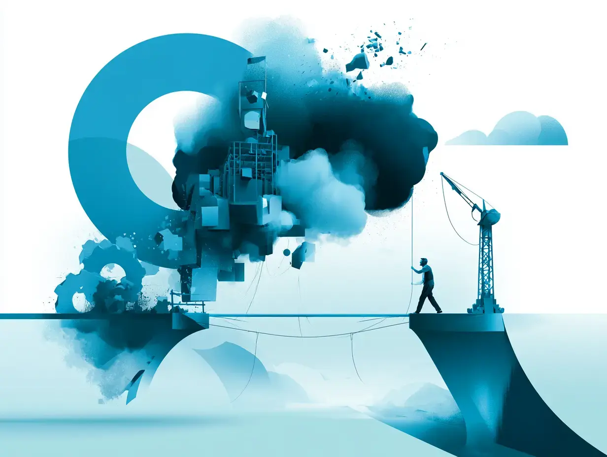 surreal landscape where a large blue shape looms over a worker who is scaling a tower structure