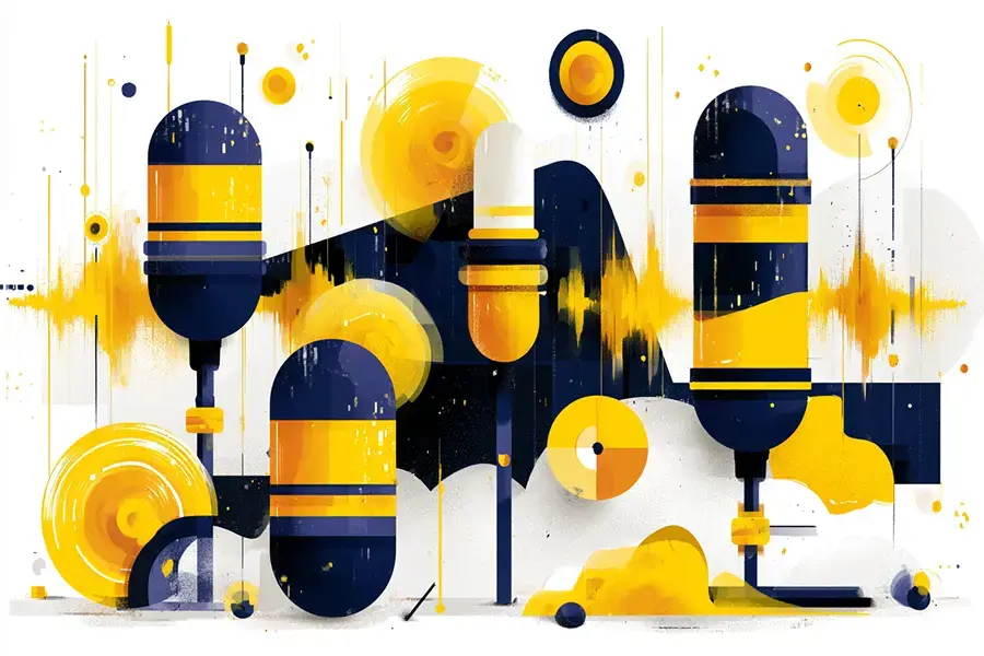 The image is a digital art piece featuring abstract shapes and patterns in a color scheme of blue, yellow, and black. It includes elements that resemble microphones