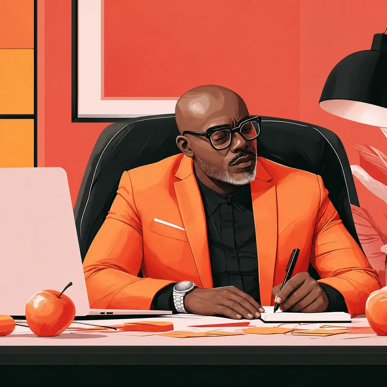 a person dressed in a vibrant orange suit engaged in writing on a notepad with a black pen.