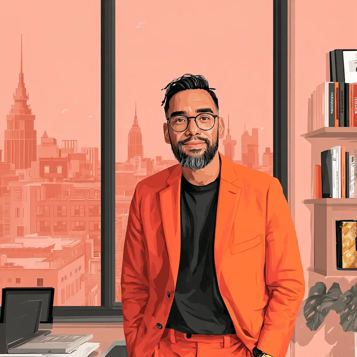 a stylized illustration of a man with a beard and glasses, wearing a black shirt and an orange jacket, standing in front of a cityscape backdrop with a window