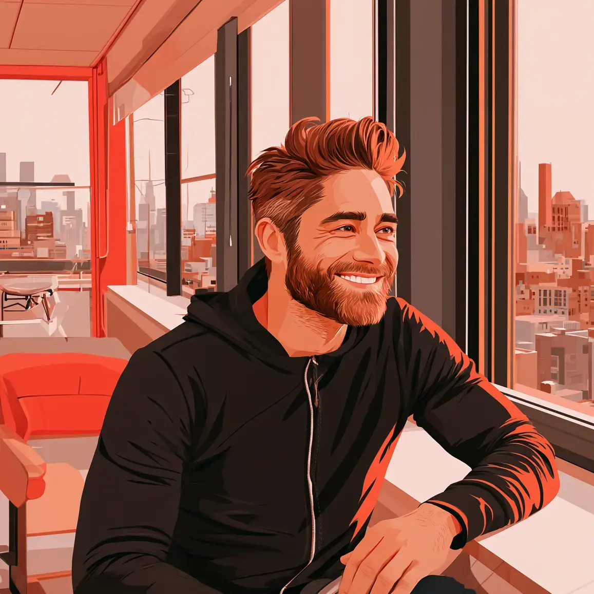 illustration of a man in a room with large windows. He has a well-groomed beard and a casual hairstyle, and he is dressed in a black hoodie with orange sleeves.