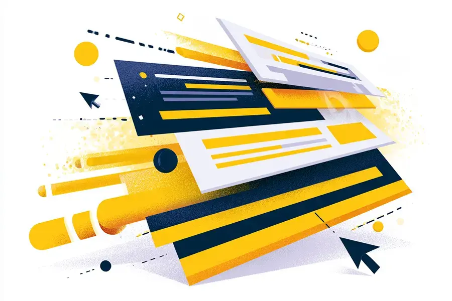 The image is a digital illustration featuring a dynamic and abstract composition of geometric shapes and lines.