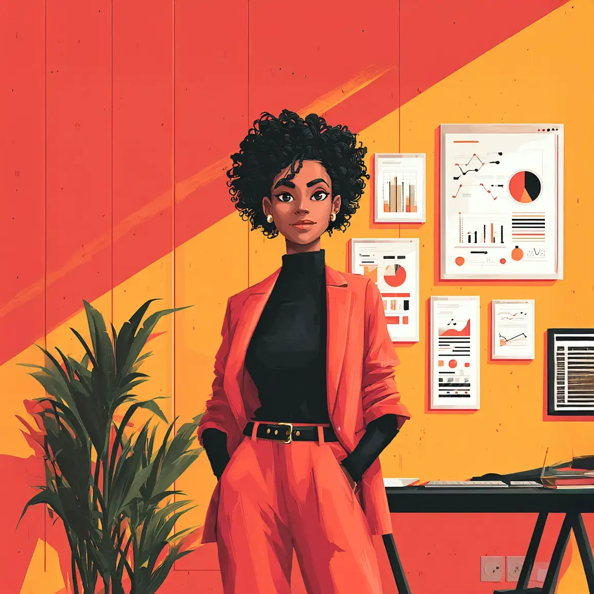 stylized illustration of a woman in a business setting. She is standing in an office with a cream-colored desk and various charts and graphs pinned to the wall behind her.