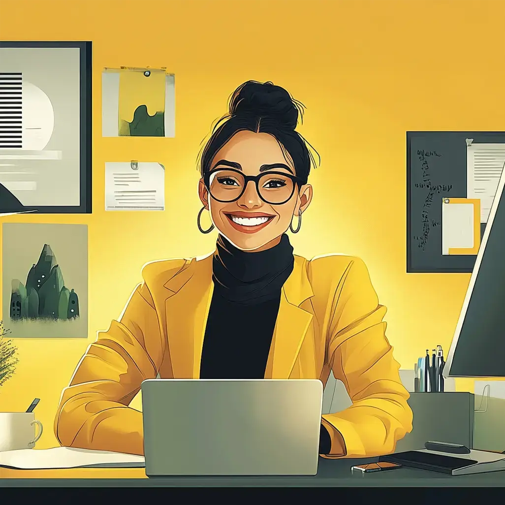 stylized illustration of a woman sitting at a desk in an office-like setting. She is wearing a yellow jacket, a black turtleneck, and glasses, with her hair tied up in a bun.