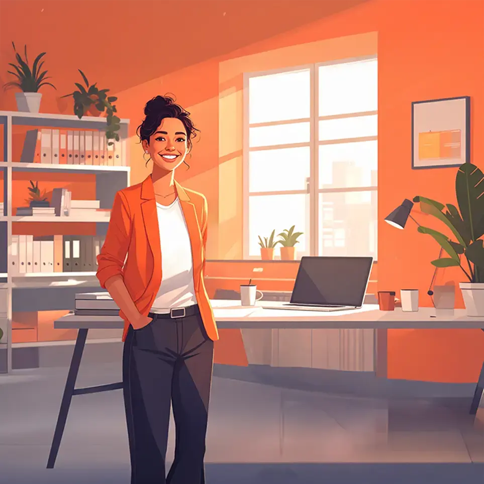 A woman is standing in an office with orange walls. She is wearing an orange blazer, white top, and black pants. There is a desk with a laptop, a lamp, and some potted plants in the room.