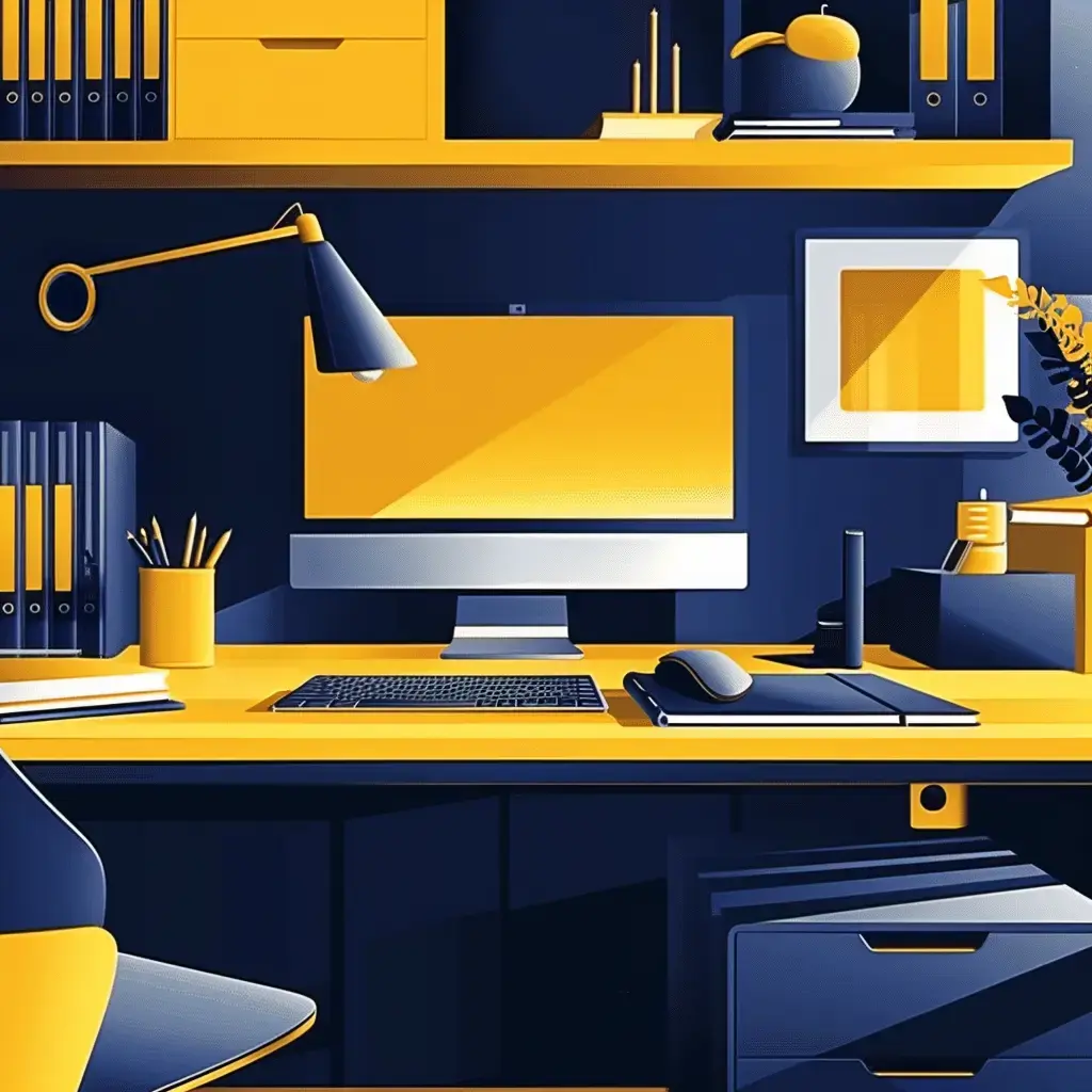 stylized workspace with a yellow computer desk set against a dark blue background. The desk features a desktop computer with a yellow monitor, a black keyboard, and a black mouse.