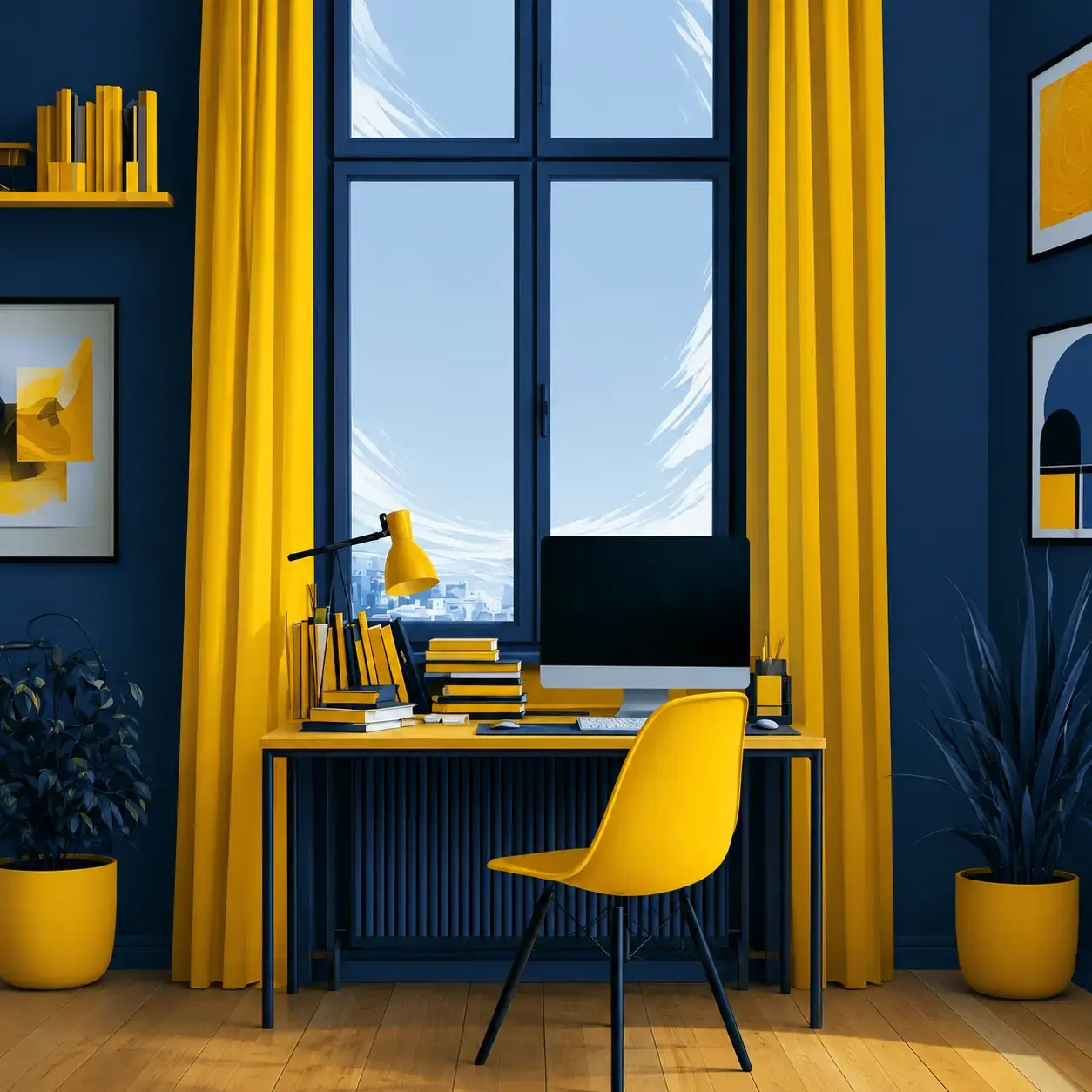 This is an image of a stylish home office with a large window adorned with yellow curtains.
